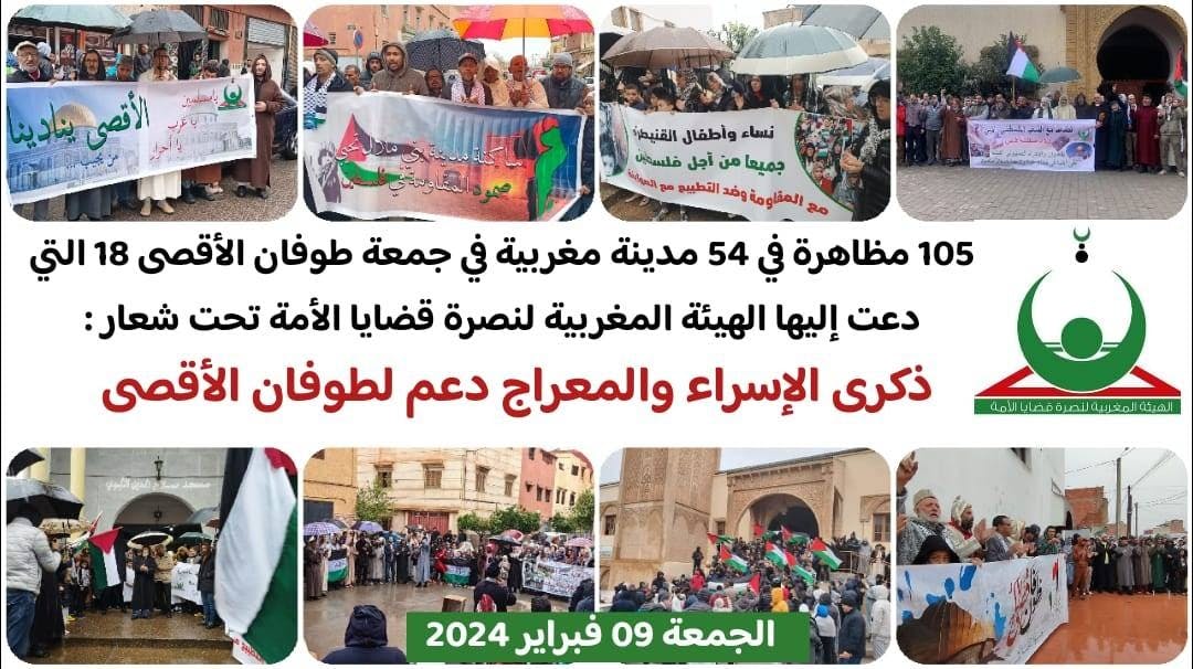 Cover Image for هيئة النصرة: 105 مظاهرة في 45 مدينة مغربية في جمعة طوفان الأقصى 18 (بلاغ)