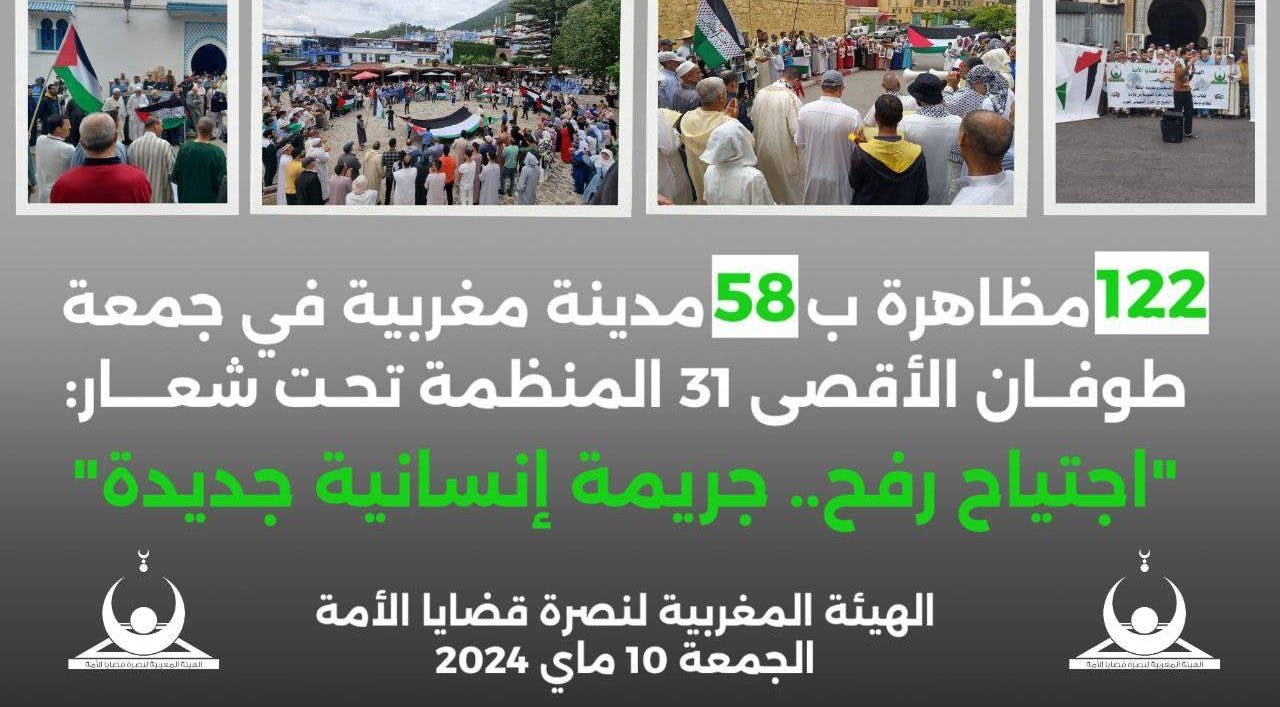Cover Image for النصرة: 122 مظاهرة في 58 مدينة مغربية في جمعة طوفـــان الأقـــصى 31
