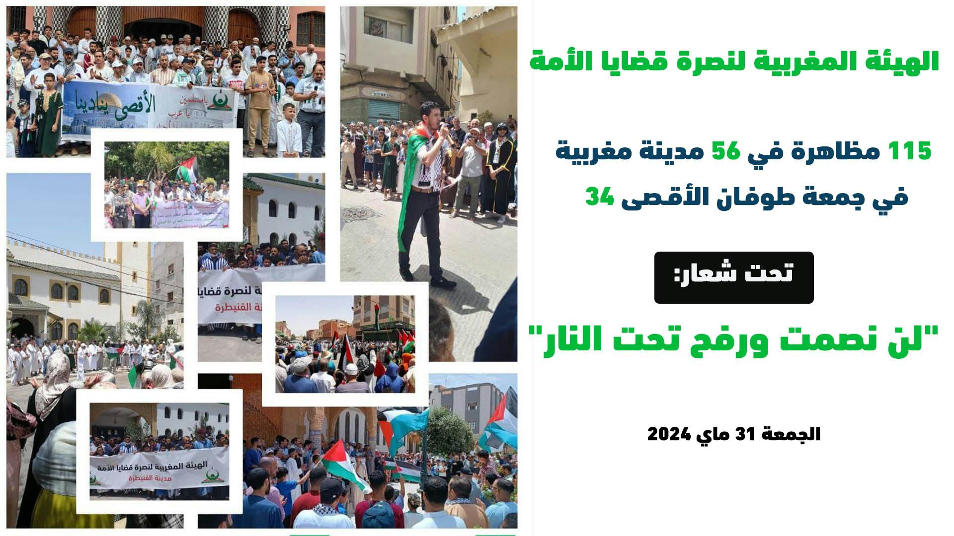 Cover Image for ‏هيئة النصرة: 115 مظاهرة في 56 مدينة مغربية في جمعة طوفـان الأقـصى 34 (بلاغ)